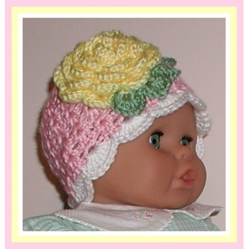 Baby Girl Hat With Yellow Rose, Pink Baby Hat With A Yellow Flower