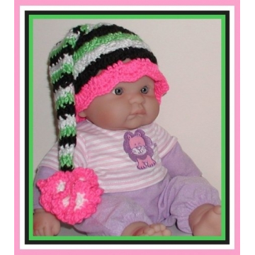 Lime White Zebra Elf Hat, Lime Hot Pink Black Hat, Lime Pink Baby Girl Hat