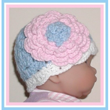 Baby Girls Hat Pink Blue White With Large Flower