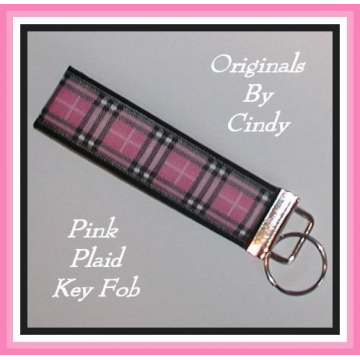 Pink And Black Plaid Key Fob, Pink Black White Plaid Key Ring, Pink Key Ring