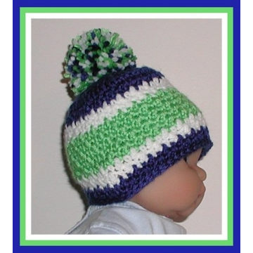 Infant Boy Beanie Royal Blue White Lime Green Stripes Pompom 0-6 Mo Striped Hat