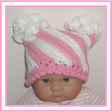 Candy Striped Hat Newborn Baby Girls Medium Pink And White 2 Ruffles Frilly Flow