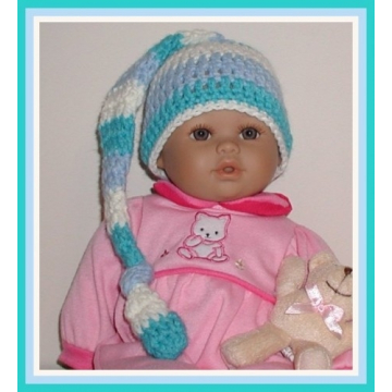 Turquoise Cream And Blue Preemie Hat For Boys, Preemie Elf Style Hat With Tail