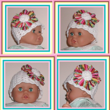 Solid White Baby Hat Colorful Large Fabric Flower Small Rose Center Cloche