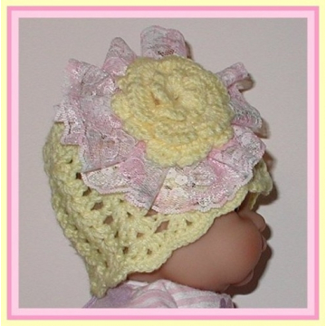 Yellow Baby Hat With Large Pink Lace Flower Newborn Originalsbycindy Hats