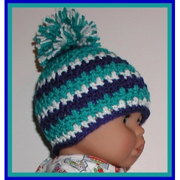 Turquoise Baby Boy Hat Royal Blue White Stripes 3-12 Months Boys Ball On Top