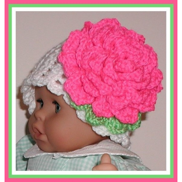 White Baby Hat Photo Prop Huge Hot Pink Rose Flower Lime Green