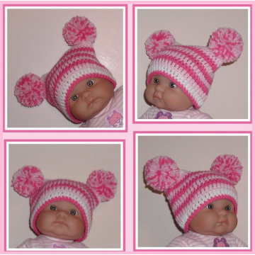 Newborn Girl Baby Hat Pastel Hot Pink Pom Poms White Jester Style Girls