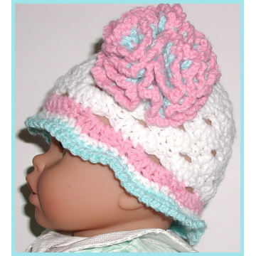 White Baby Hat With Pink And Aqua Blue Trim Ruffled Full Mum Flower 3-9 Months