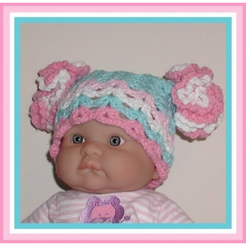 Aqua Newborn Hat Double Ruffled Pink And White Mums Baby Girl Flowers Small