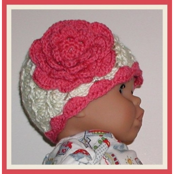 Girl Light Cream Off White Baby Hat Dark Coral Pink Flower 6-12 Months Girls