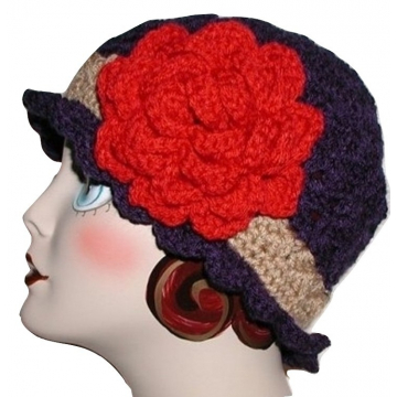 Navy Blue Cloche Flapper Hat Tan Band Cranberry Red Light Rose Winter Cap