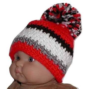 Red Gray Baby Boys Hat Black And White Pom Pom Newborn Stripes Striped 0-6 Month