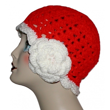 Red And White Women's Cloche, Red And White Flapper Hat Large